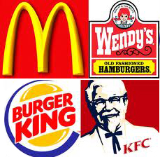 Examples of red in logo designs - McDonalds, Burger King, Wendy's, and KFC